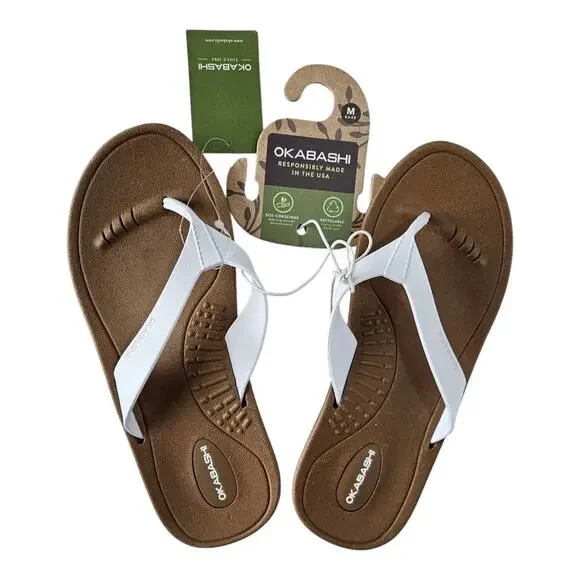 OKABASHI Breeze Women M 6.5 - 7.5 Supportive Thong Flip Flops Toffee & White NEW - Picture 1 of 7